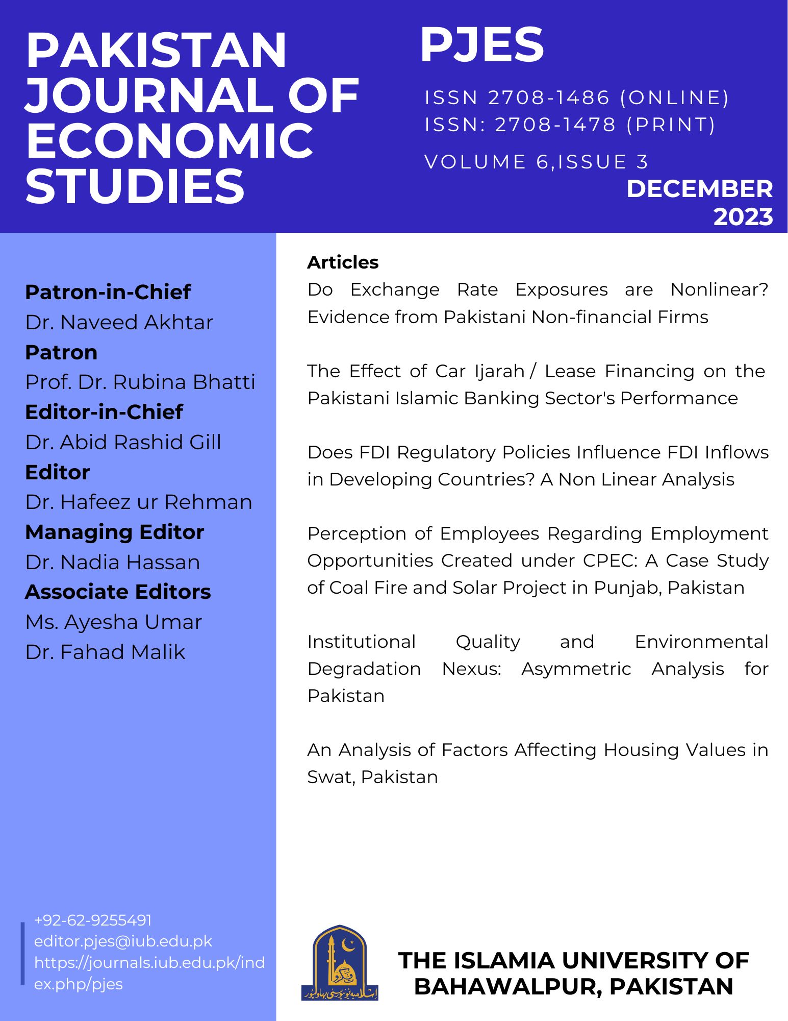 					View Vol. 6 No. 3 (2023): Pakistan Journal of Economic Studies
				